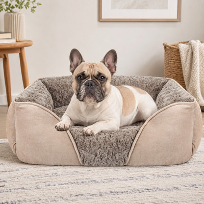 M: 25"x21"x8" rectangular orthopedic pet cuddler described as a medium dog bed for large and small dogs, with a soft calming design, washable durable construction, and anti-slip bottom.