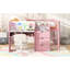 Lit mezzanine bas rose pleine grandeur avec bureau intégré, bibliothèque ouverte, armoires de rangement, caractéristiques et solution d'économie d'espace pour la chambre à coucher en rose, construit sous le rangement, tableau blanc, marqueur sécuritaire-300147310
