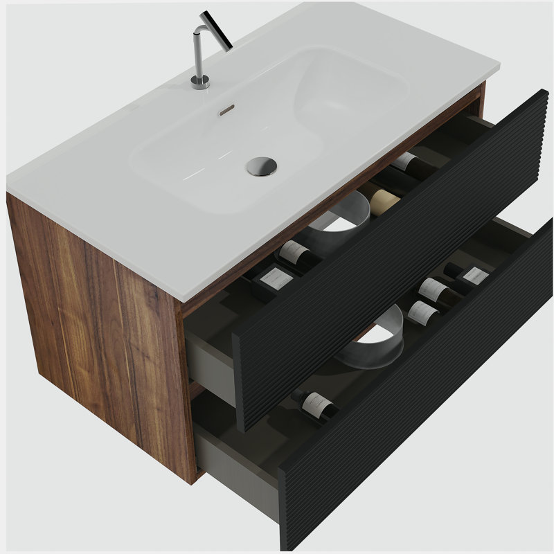 Meuble-lavabo mural Gloria en chêne brut et chêne brut avec évier intégré en céramique avec trop-plein Gloria, 24", Chêne