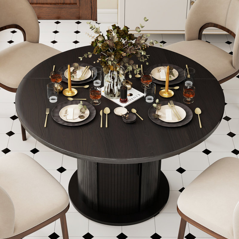 47 Inch Round Dining Table With 2-layer Storage Shelf And Wood Slide Door, Black