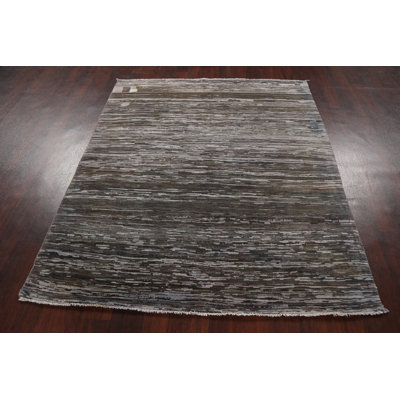 Tapis gris en laine noué à la main de conception unique 4 pi 9 po x 5 pi 8 po New Age