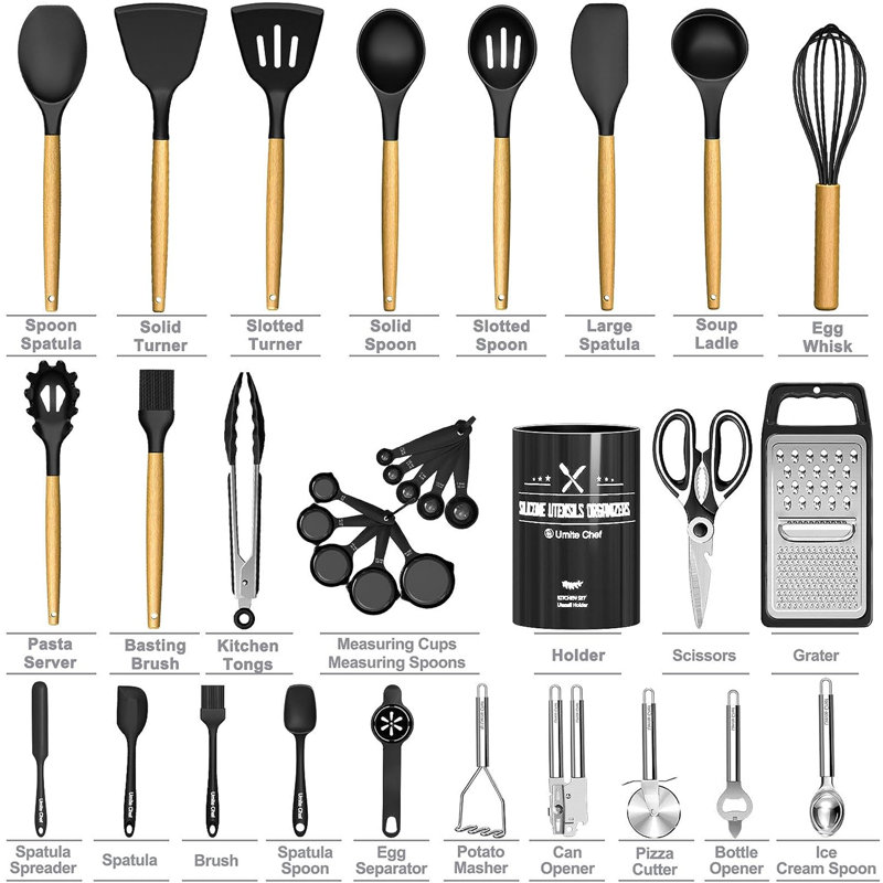 34 PCS Silicone Cooking Utensil Set, Black/ Light Yellow