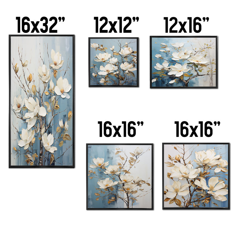 Ensemble de salon art mural blanc et bleu Magnolia, Cadre flottant noir