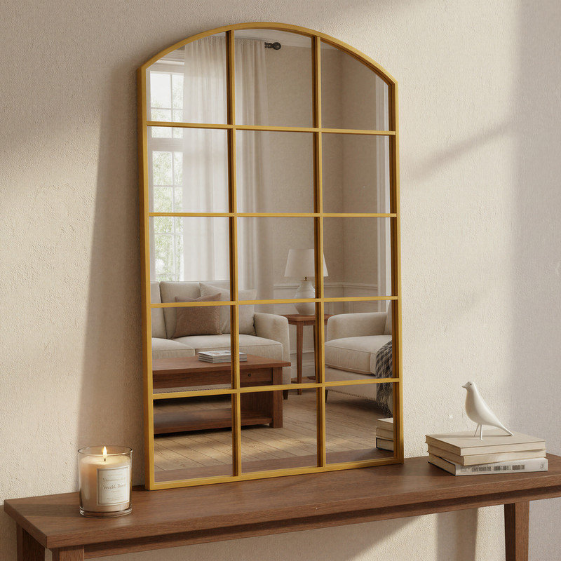 Arched  grid right-angle wall mirror, gold  and  black , for Living Room, Bedroom, Entryway, Gold, 38.98" x 26.97"