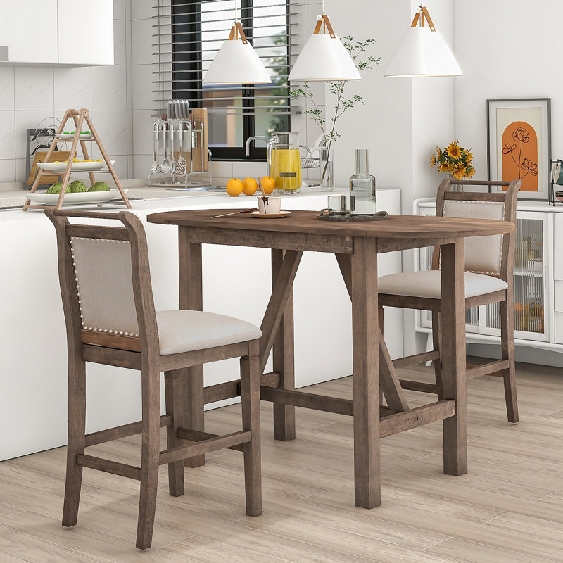 3-Piece Counter Height Drop Leaf Dining Table Set With 2 Upholstered Dining Chairs
