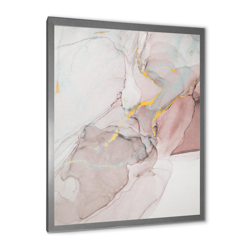Gris et rose marbré art ondulations - décoration murale moderne en toile, Toile avec cadre photo argenté, L 34 po x H 44 po