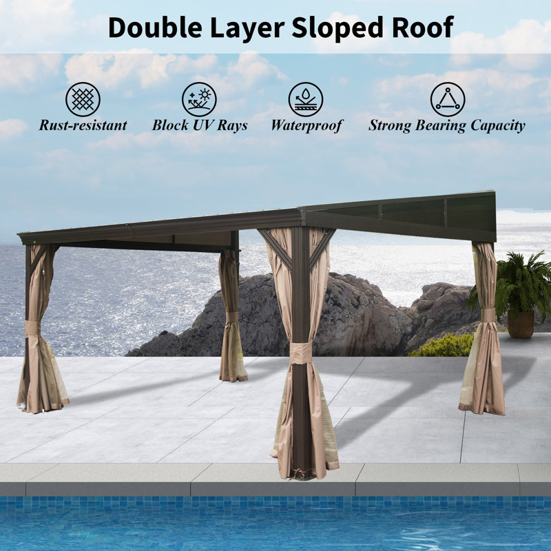 Aluminum Patio Gazebo Lean to Wall Mounted Pergola with Sloping Galvanized Steel Roof, 12 ft x 10 ft