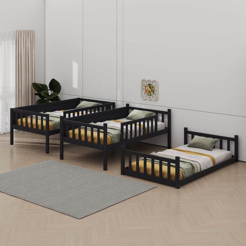 Twin Triple-Layer Rubber Wood Bunk Bed Complete With Ladders And Protective Guardrails, Black
