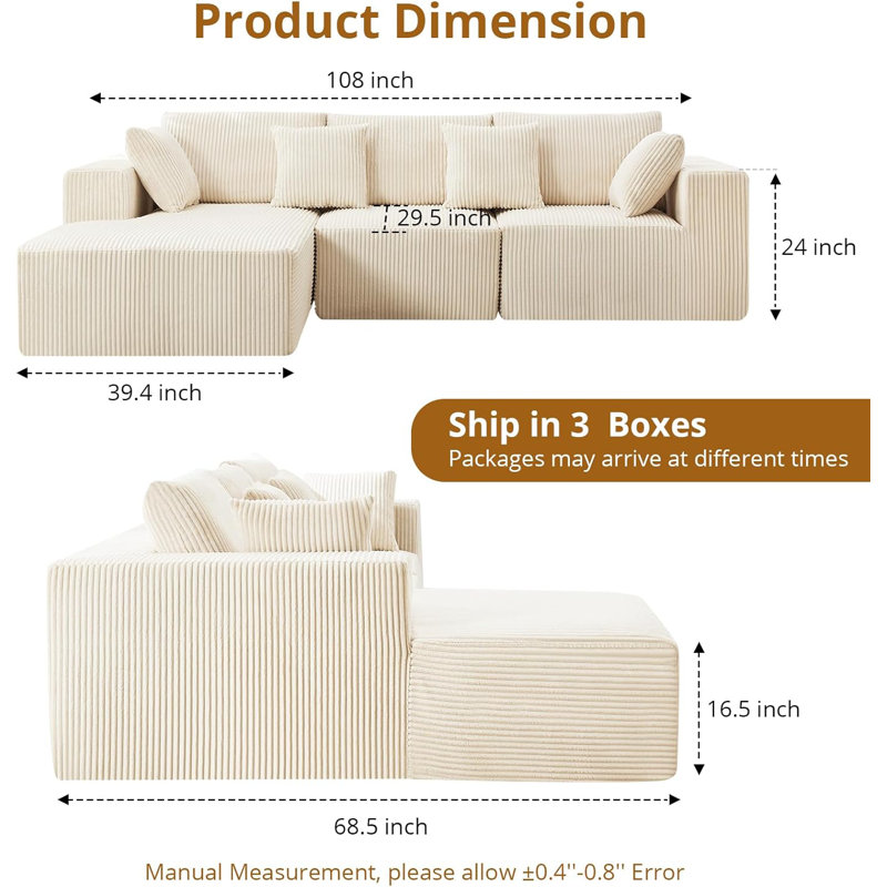 Canapé modulaire en L 108 po avec méridienne et coussins profonds 108 po Cloud C 108