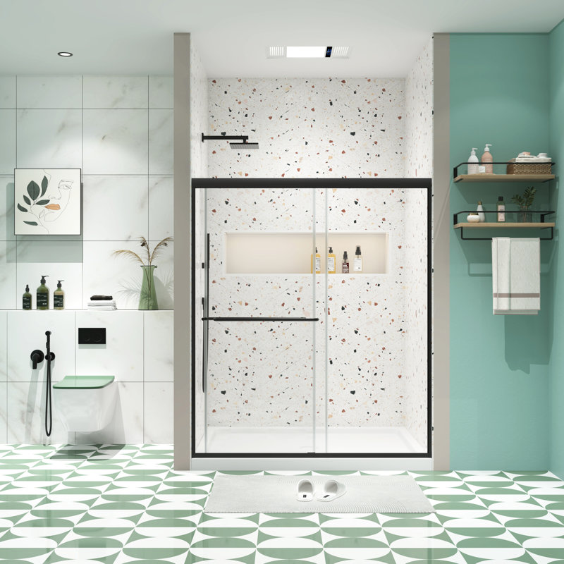 56 - 60"X70" Bypass Shower Door With Sliding Feature. Matted Black Finish, 1/4" Tempered Glass. Top Track, #304 Stainless Steel Handle. Smooth Sliding, Leakage. Nano Easy Clean, Explode Film. 36000