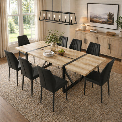 Farmhouse Industrial Dining Set, 86.6" Rectangular Table & Scalloped Faux PU Leather Chairs