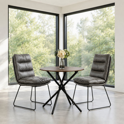 Ensemble de salle à manger 3 pièces en noyer rond avec 2 chaises rembourrées grises, table de cuisine Mid-Century