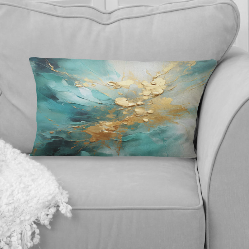 Coussin décoratif doré et sarcelle Aurora Harmony II - Abstract Spirals, Rectangle H 12 po x l 20 po