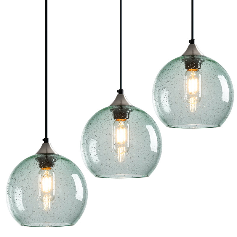 Luminaire suspendu en forme de globe à 3 lumières Charolyn Luminaire suspendu en verre pour îlot de cuisine, Vert clair