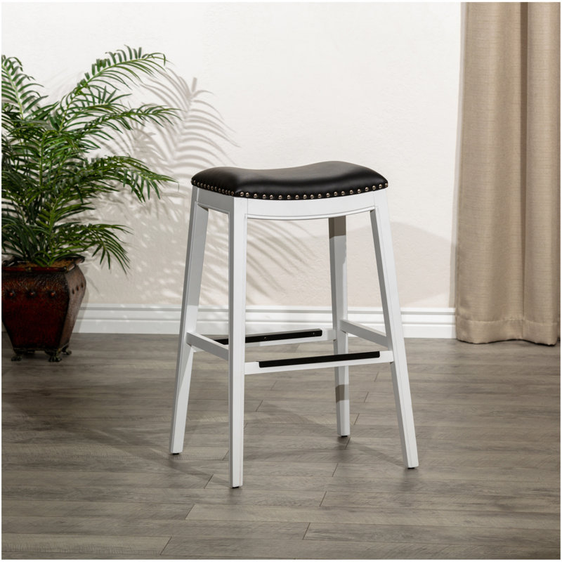 Tabouret 30 ", finition blanche, siège en cuir noir, Blanc, Gris