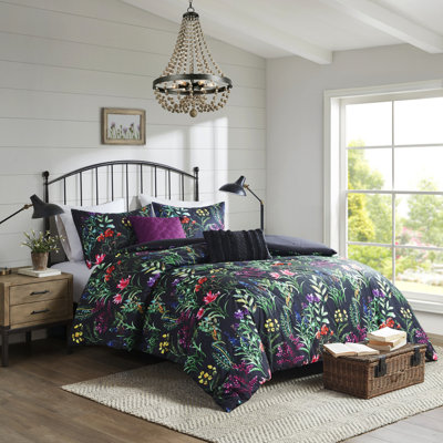 5 Piece Comforter For Full/queen, Black With Enrapturing Botanical Print, , 2 Decorative Pillows, Matching Shams, , Machine Washable Full/queen Piece, Black, Print Enhancement, Filling, By