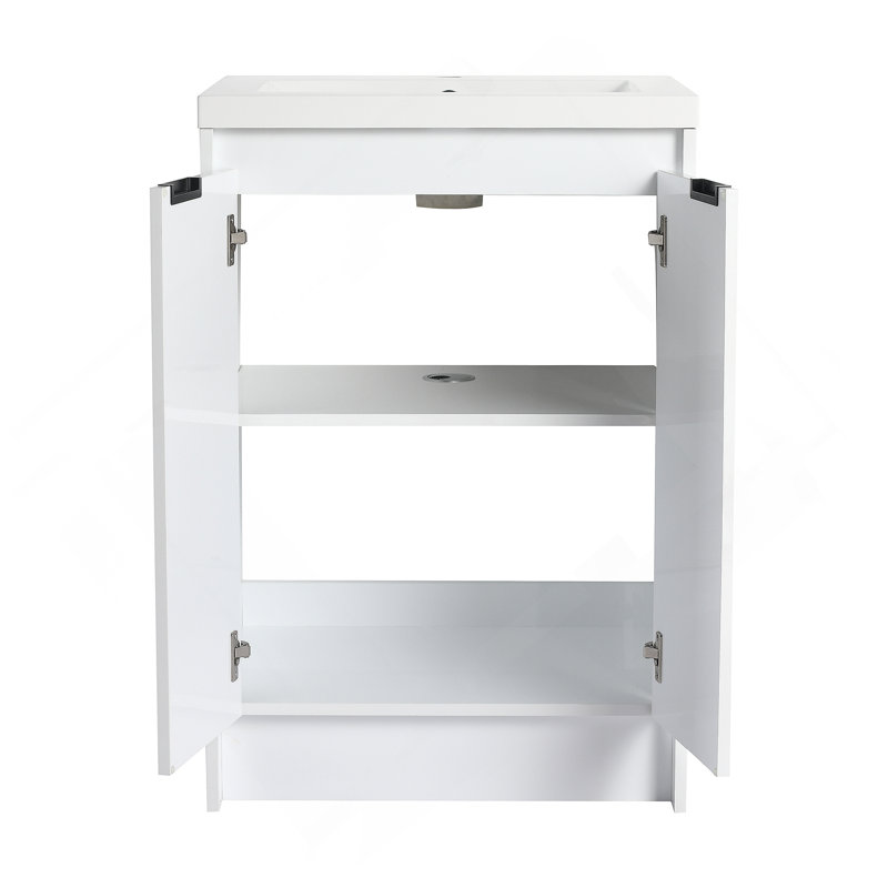Meuble-lavabo autoportant de 72 po avec lavabo en résine et armoire à 1 côté, portes et tiroir à fermeture douce, blanc brillant, contreplaqué (emballage KD)