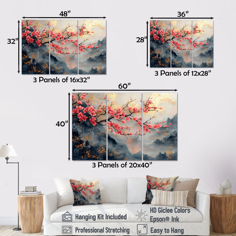 Rose, bleu, cerisier en fleurs, branche en Chine - ensemble d'art mural fleur de cerisier, Toile tendue