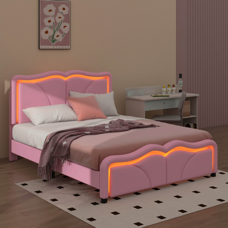 Lit plateforme tapissier Sleek Curved Design, Lit double, Rose