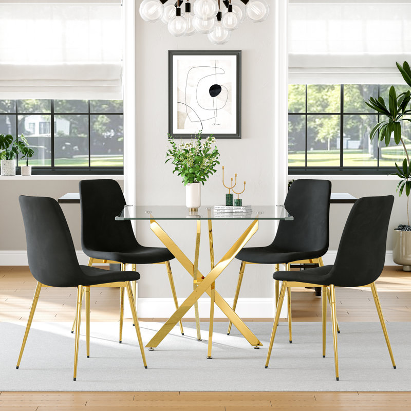 36" Square Glass Dining Table Set, Modern Stainless Steel Cross-Leg Base With 4 Velvet Upholstered Chairs, Gold/Black/Gold