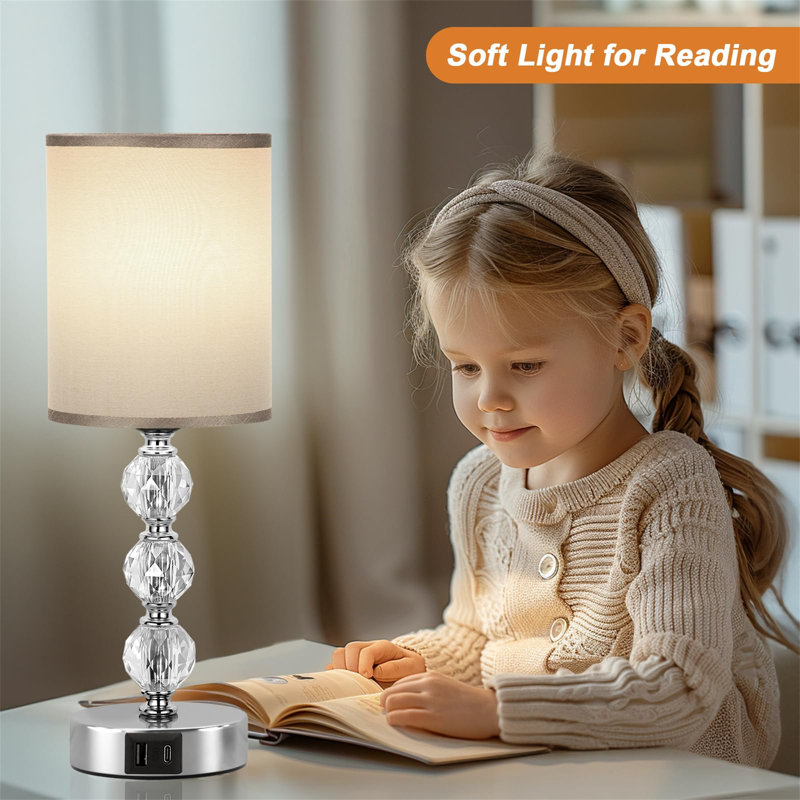 Touch Table Lamp, Crystal Bedside Lamp With 3-Way Dimmable, Small Bedside Lamp With USB C+A Charging Ports, Bedroom Lamp With Fabric Lampshade For Living Room