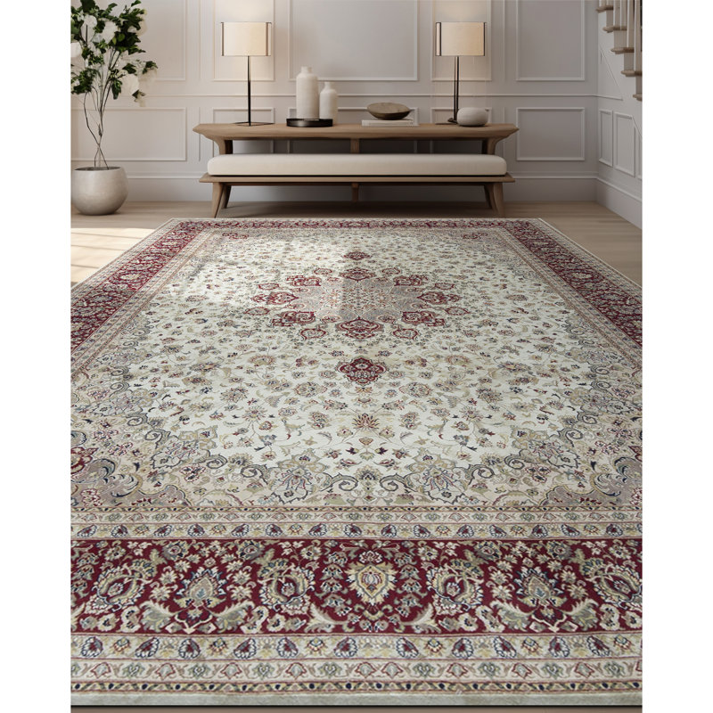 Tapis ivoire et rouge noué à la main de haute qualité