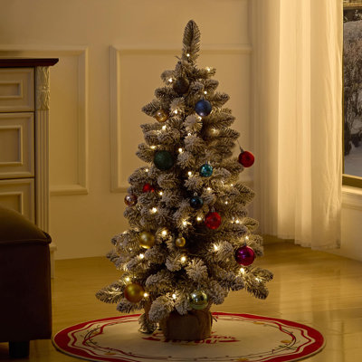 3FT Pre-Lit Artificial Mini Christmas Tree With 70 LED Lights And Battery Operated, Burlap Base, Decorations For Front Door Gate Wall Xmas Party