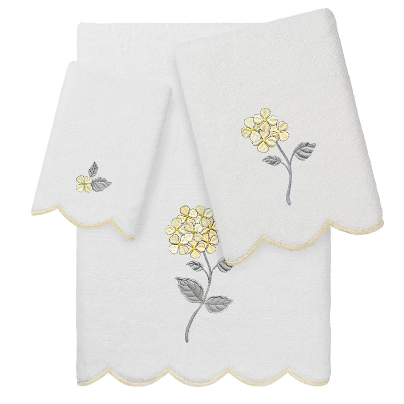  100% Turkish Cotton HYDEA Scallop 3PC Embellished Towel Set, Bath Towel, Fingertip Towel, Hand Towel - 3 Pack, White/Beige