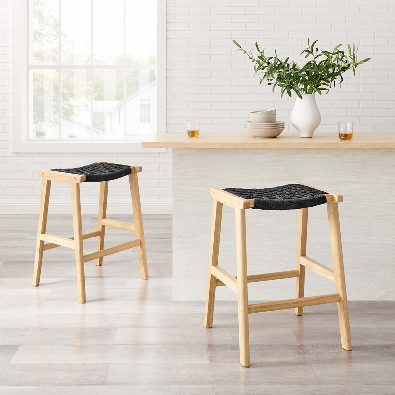 Modway Saoirse Counter/Bar Stools, Black Rope/Natural Frame, Counter Stool (26” Seat Height)