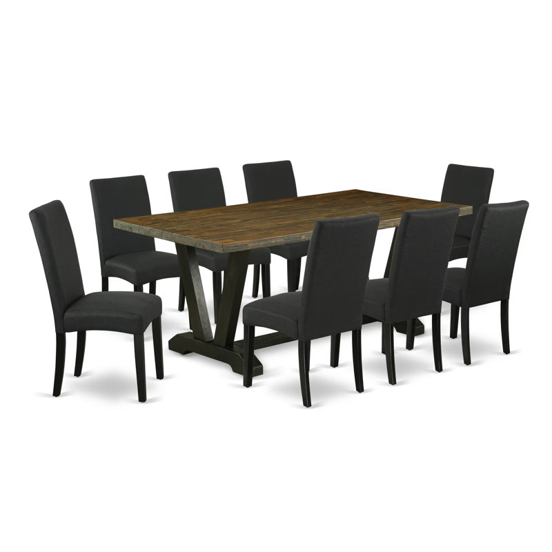Ensemble de salle à manger 9 pièces comprenant une table rectangulaire à pieds en V et 8 chaises Parson rembourrées en lin noir, 101,6 x 182,9 cm (40 x 72 pouces).