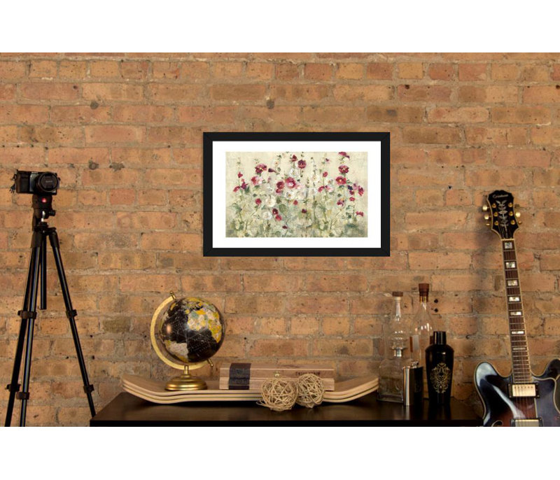 " Hollyhocks Row Cool " by Cheri Blum, 32" H x 48" W x 1.5" D, Black Framed Canvas