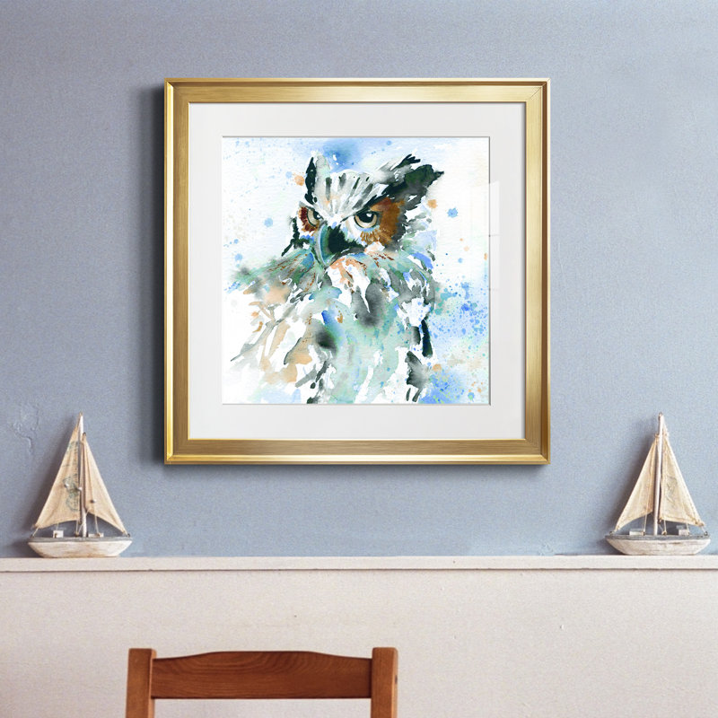 Chouette sur fond bleu - peinture encadrée, Papier encadré doré, H 17,5 po x l 17,5 po x P 1,5 po