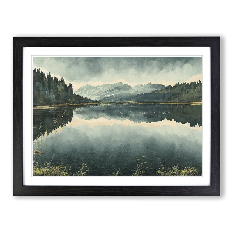 Mountain Lake Watercolour Vol.2 - Single Picture Frame Print, Black Framed, 46cm H x 64cm W x 2cm D