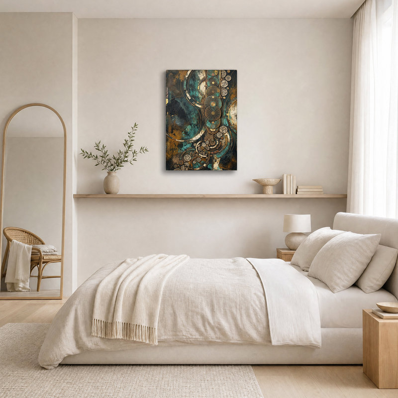 Tableau sur toile aux formes géométriques abstraites turquoise et or, H 36 po x l 24 po