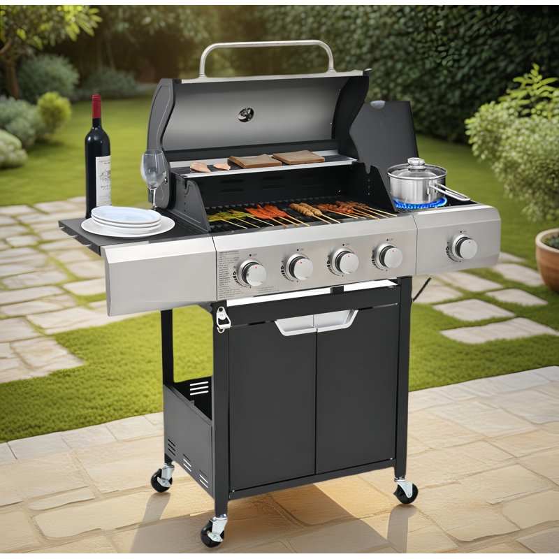 4-Burner Propane Grill  With Side Burner, Lid, Wheels And Cover