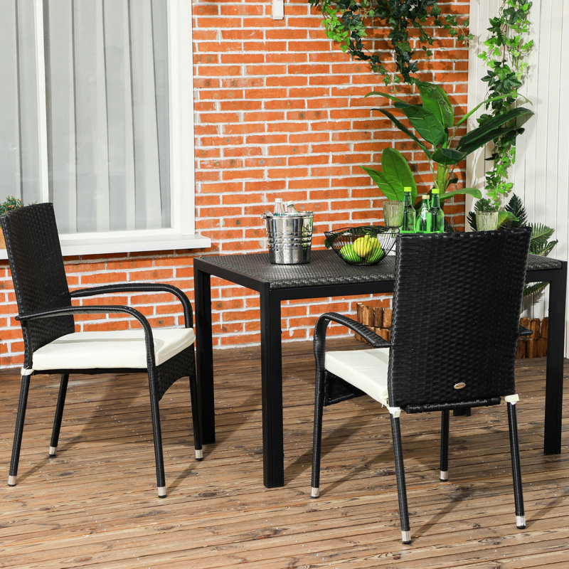 2Pcs Stackable Pe Outdoor Dining Chairs With Cushions. Armrest & For Patio Deck. Creamy White. 22" W X 23.5" D 37.5" H. 264 Lbs Weight Capacity. Seating, Assembly Required Cushions, Stackable. Cream