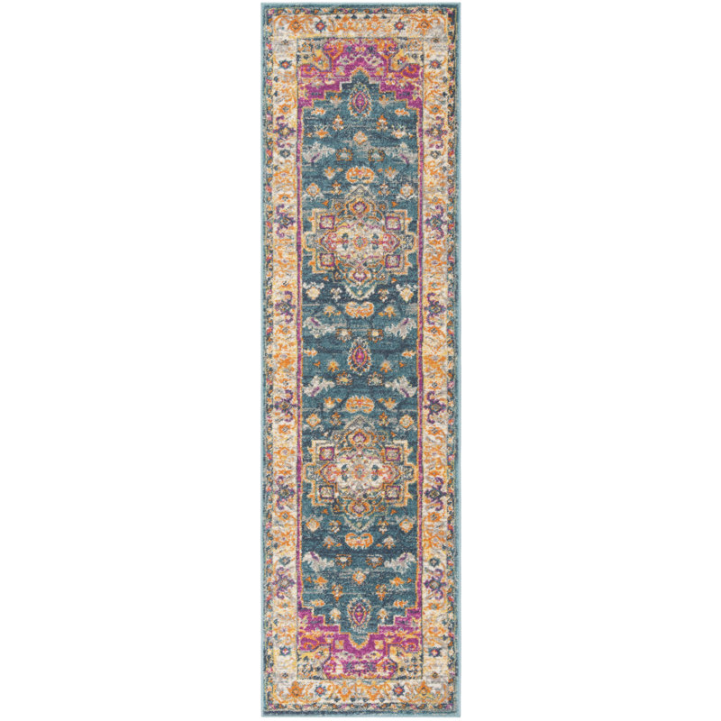 Tapis oriental bleu / rose Felty, Tapis de couloir 2 pi 3 po x 12 pi