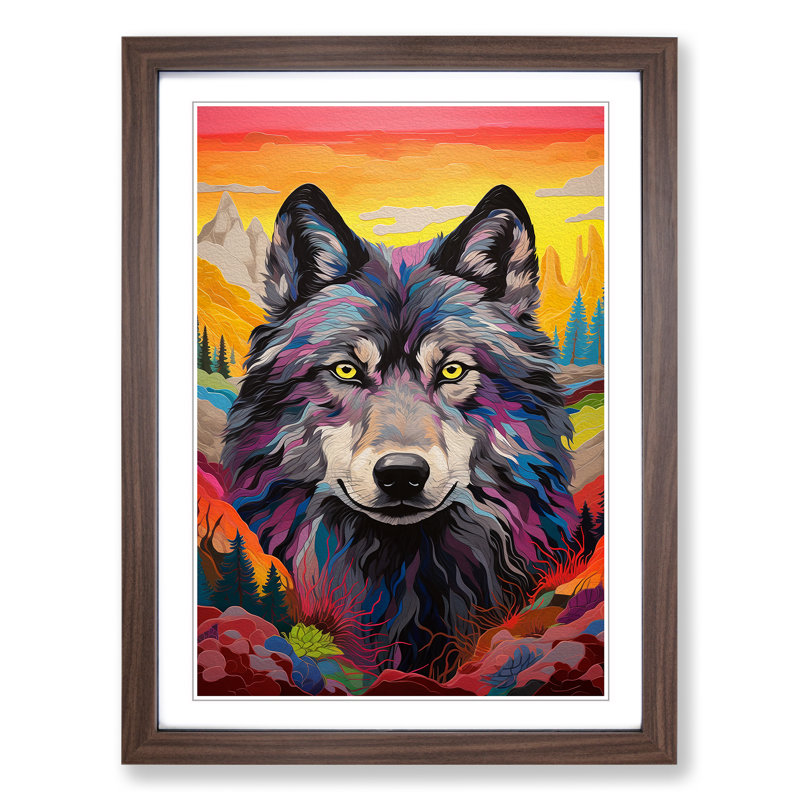 Wolf Colour Field No.2 - Single Picture Frame Print on Wood, Walnut, 64cm H x 46cm W x 2cm D
