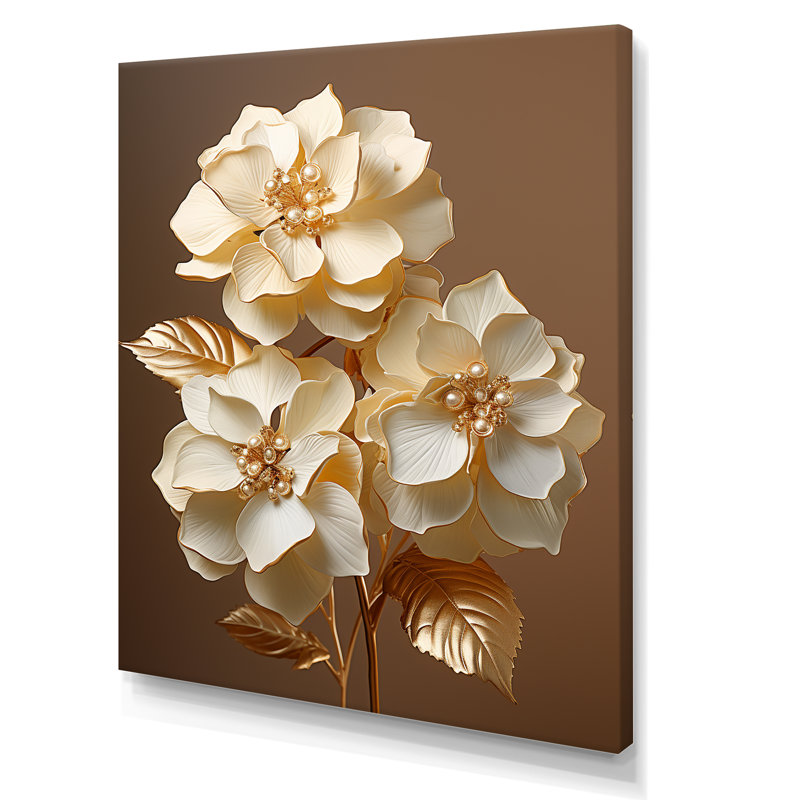 «Hortensia baroque blanc et or IV», reproduction sur toile, Toile tendue, H 44 po x l 34 po x P 1,5 po