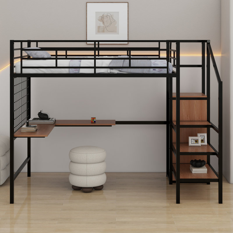 Lit mezzanine en métal avec bureau et grille en métal, avec garde-robe, Noir