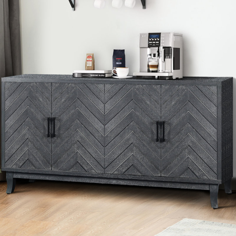 Buffet d'entrée robuste, gris taupe, 4 portes, fini laqué, structure renforcée, étagères réglables pour salon
