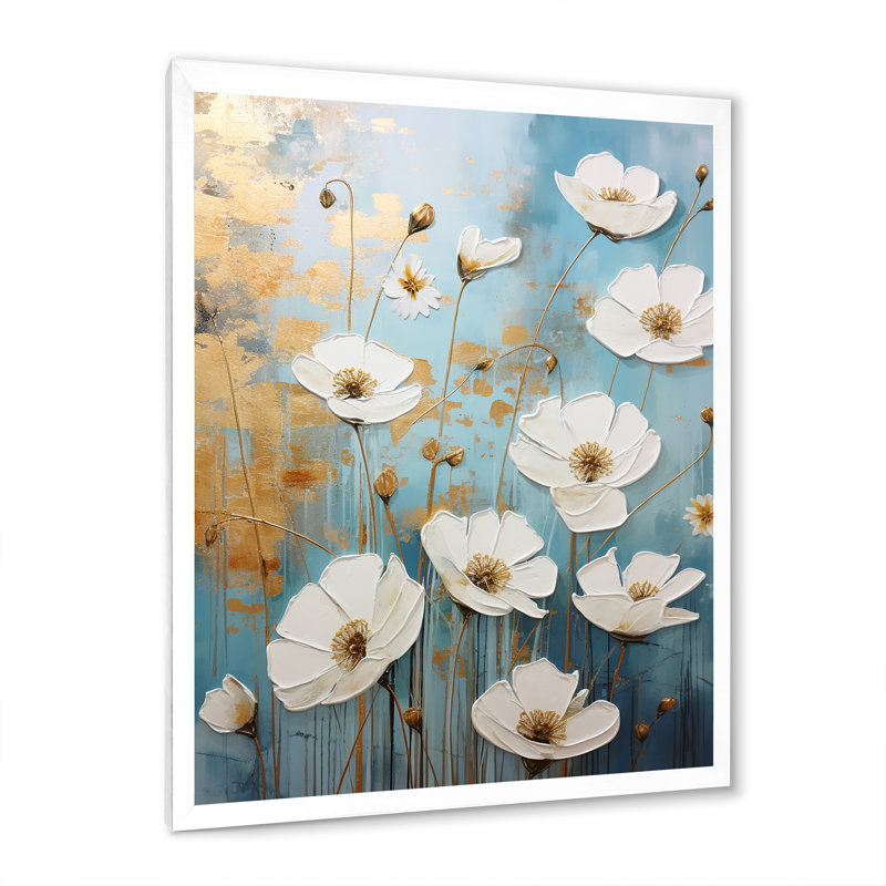 Minimalisme bleu blanc Buttercups I - Buttercups, reproduction sur toile, Cadre simple blanc, H 40 po x l 30 po x P 1,5 po