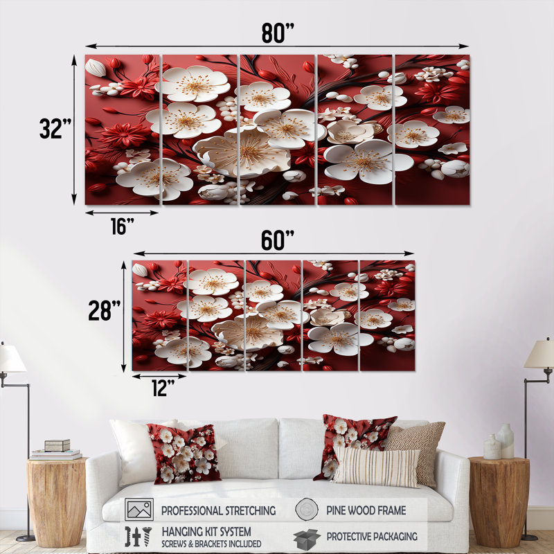 Orchidées blanches et rouges III - art floral abstrait 5 pièces, H 32 po x l 80 po