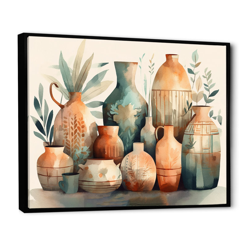 Vase en céramique orange et vert Rosslyn I - Boho Pottery, H 30 po x l 40 po x P 1,5 po, Cadre flottant noir
