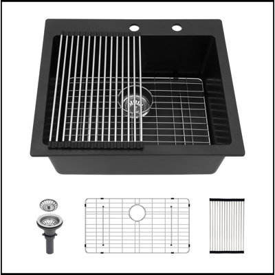 Évier de cuisine en quartz - Évier de cuisine encastré en granite noir 25 x 22 po