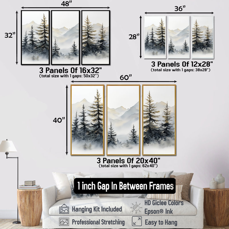 Green Pine Tree Misty Mountain - ensemble de reproductions d'art mural pin, Toile avec cadre flottant or