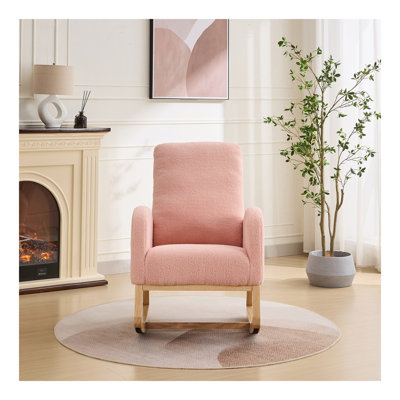 Chaise berçante l 27,2 po pour chambre de bébé, fauteuil coulissant Sherpa avec dossier haut et poche latérale, fauteuil berçant avec pieds en bois d'hévéa pour le salon / la chambre à coucher. Rose