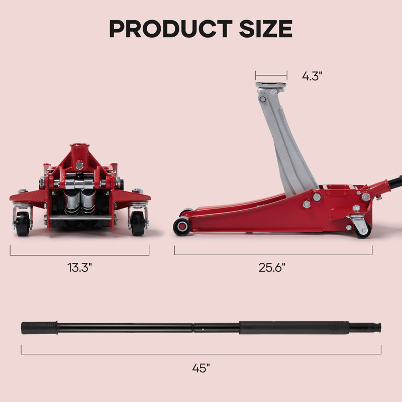 Cric de plancher hydraulique à profil bas de 3 tonnes, cric de plancher en acier renforcé avec pompe à deux pistons à levage rapide pour voiture / VUS / camionnettes, rouge
