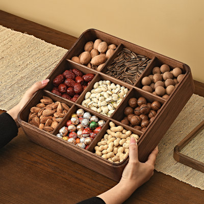 Black Walnut Wood Snack Serving Tray, 9 Compartments Glass Lid Organizer for Candy, Nuts, Chips.