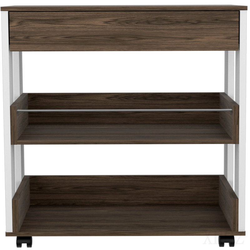 Kitchen Cart, Three Shelves, Four Casters - White / Dark Walnut
